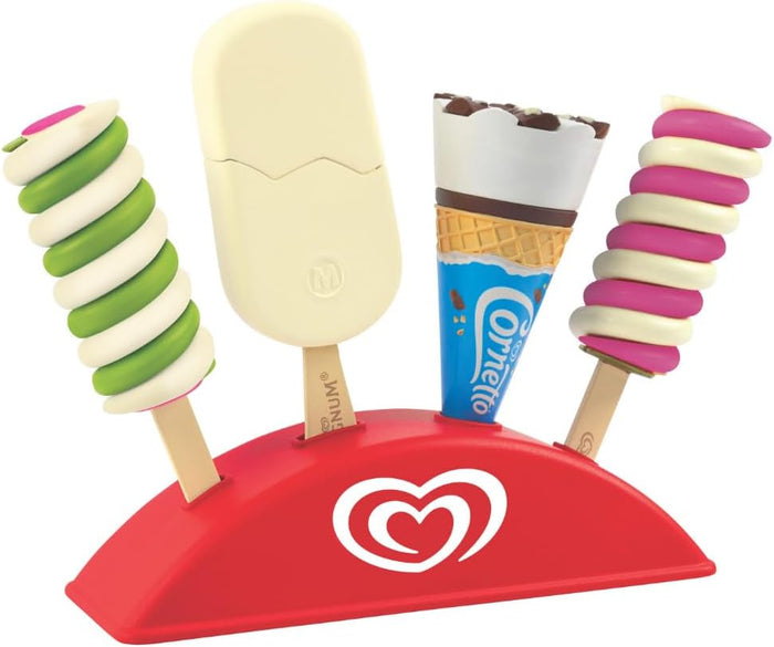 Four toy ice cream treats, including spiral pops and a Cornetto, in a red stand with a heart logo.