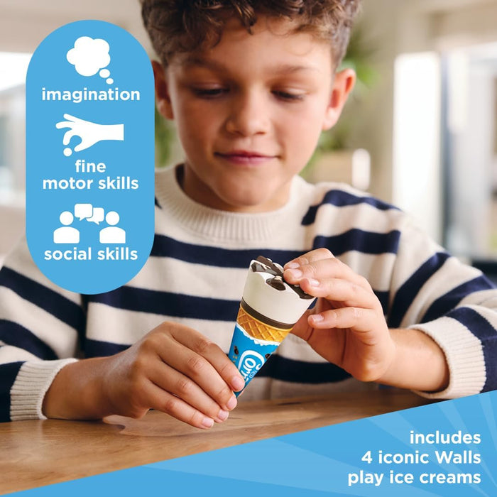 A boy holding a wooden toy Cornetto cone, with icons for imagination, fine motor skills, and social skills on the left.