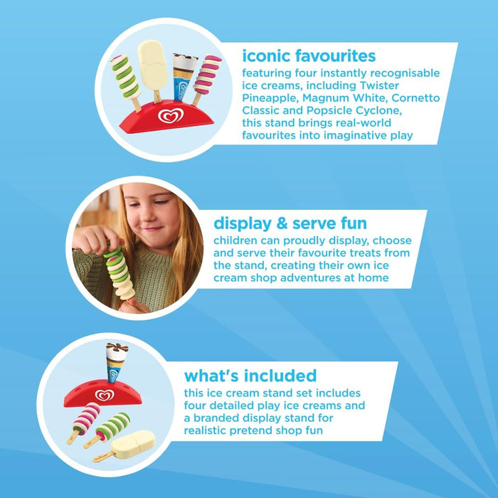 Informational graphic of a red toy stand with four branded toy ice creams and a young girl holding a play Twister.