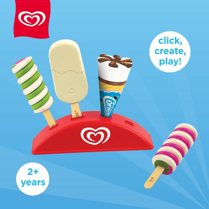 Red toy stand with heart logo holding a white Magnum, Cornetto cone, and two colorful spiral pops.