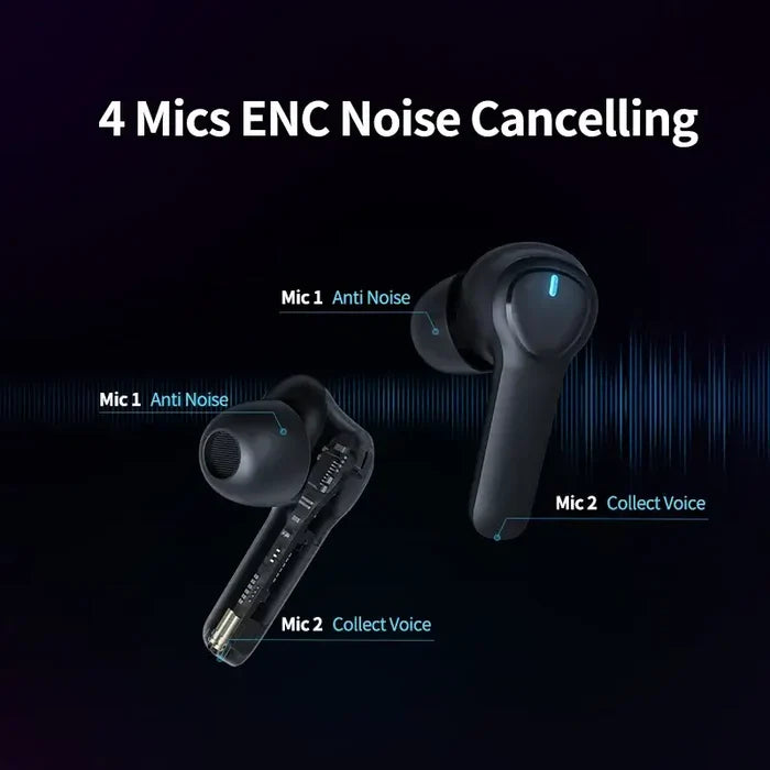 Headphones 4-Mics ENC Call Noise Cancelling True Wireless Earbuds with hybrid in-ear design and advanced noise-cancelling technology.