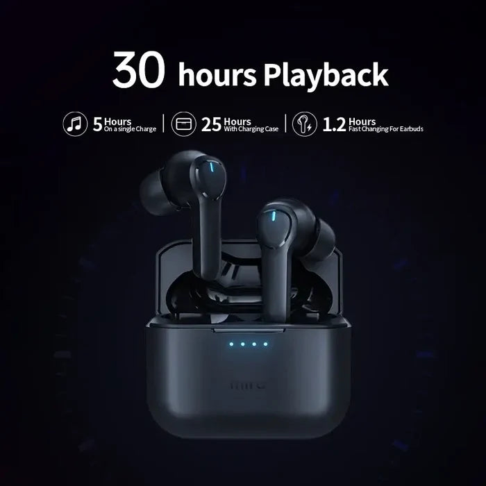 Headphones 4-Mics ENC Call Noise Cancelling True Wireless Earbuds with 30 hours playback shown with charging case