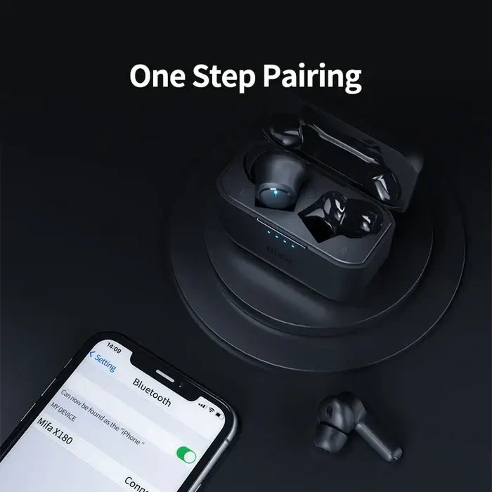 Headphones 4-Mics ENC Call Noise Cancelling True Wireless Earbuds with one-step pairing feature displayed with smartphone and earbuds