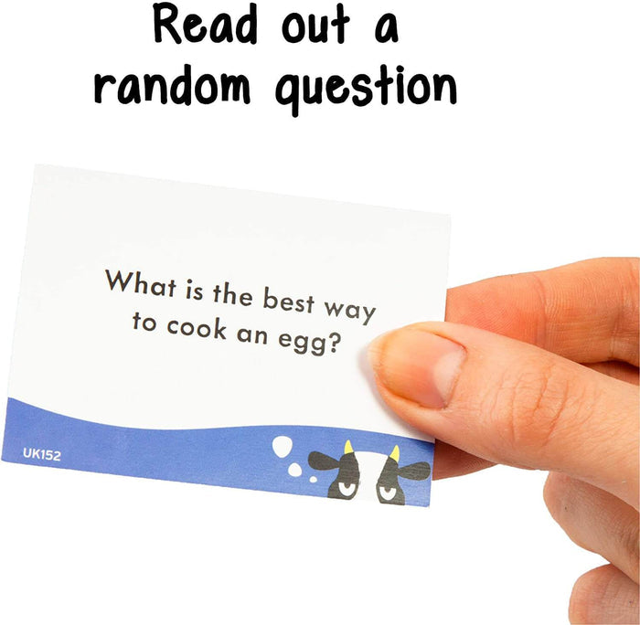 Hand holding a white card asking What is the best way to cook an egg? with blue cow illustrations along the bottom edge.
