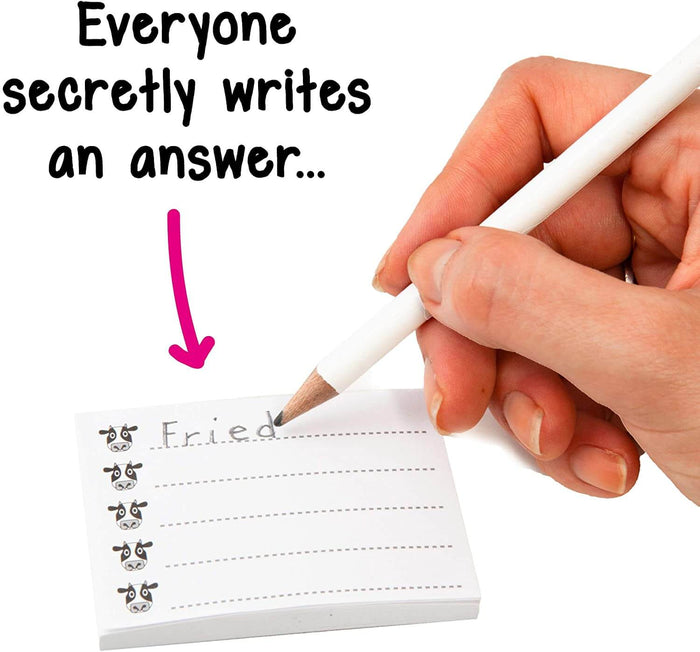 Hand writes on a cow-themed notepad with a white pencil. Text reads: Everyone secretly writes an answer...
