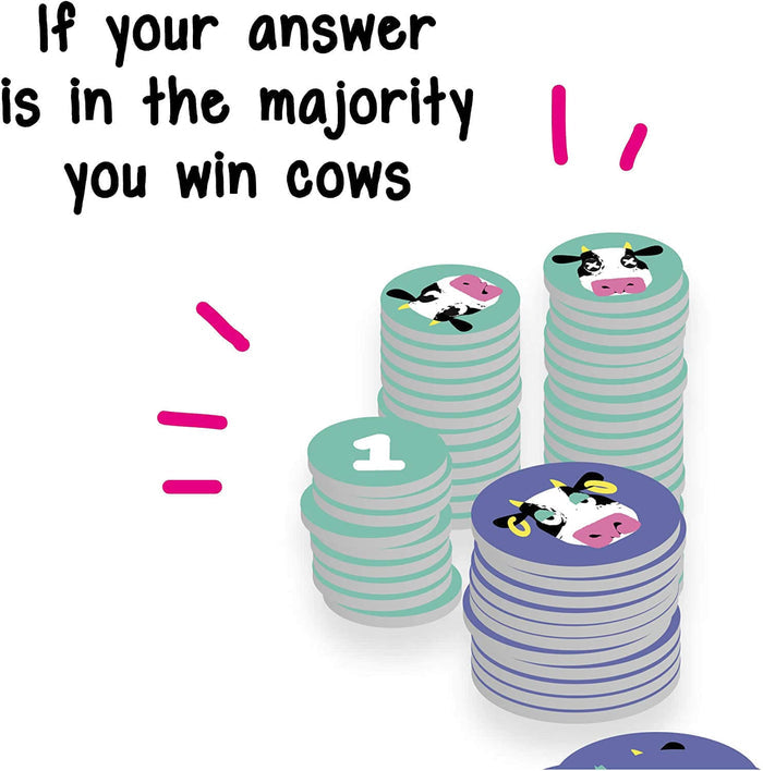 Stacks of teal and purple cow-themed tokens with text: If your answer is in the majority you win cows.