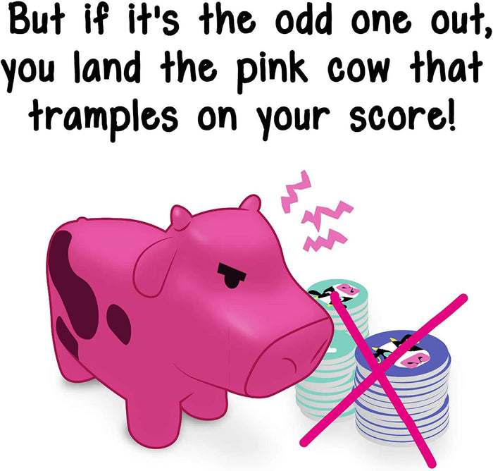 Angry pink cow figurine with black spots and stacks of game tokens crossed out with a pink X.