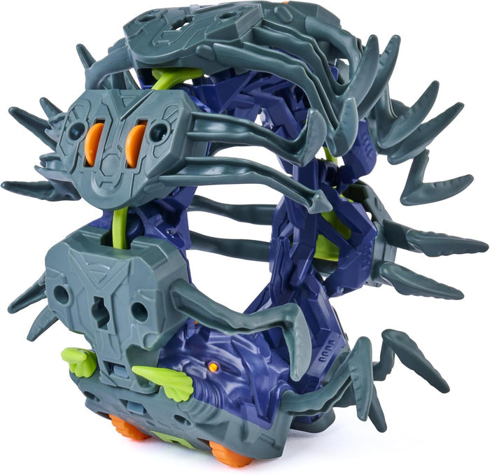 Segmented blue and grey robotic centipede toy with lime green accents and orange wheels, curled into a ring.