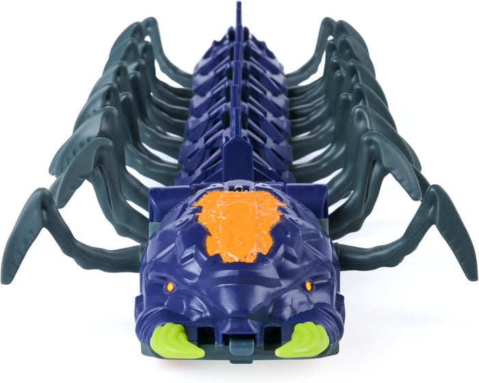 Purple robotic centipede with gray legs, an orange head patch, small orange eyes, and bright green mandibles.