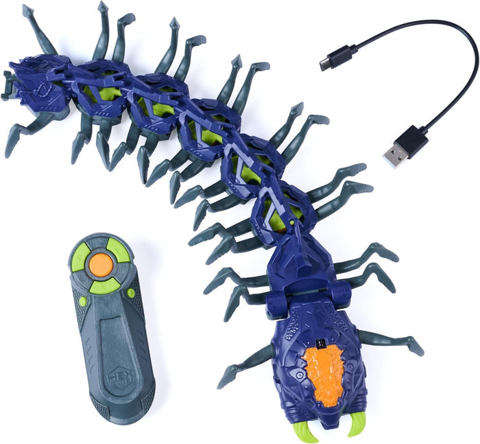 Segmented blue and green robot centipede with grey remote controller and USB charging cable on a white background.
