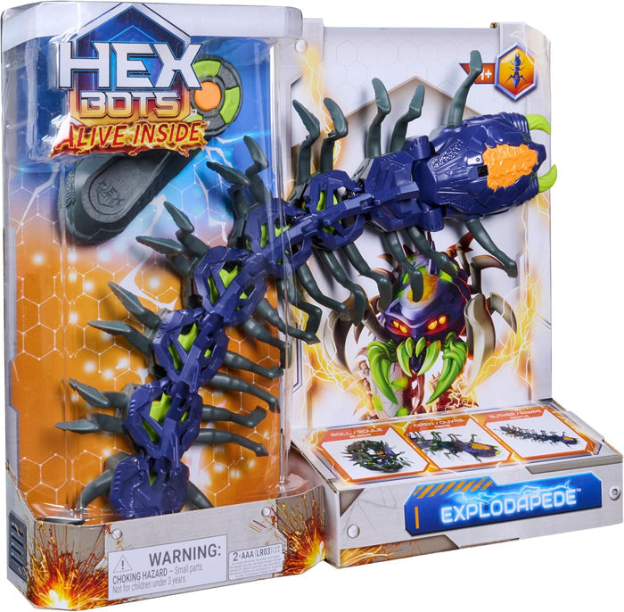 Blue and green robotic centipede with a purple head and many legs, shown in a box with an illustration and a remote.