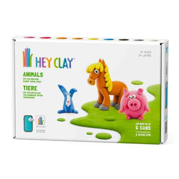 White box showing clay-sculpted figures of a blue rabbit, orange horse, and pink pig on a green background.