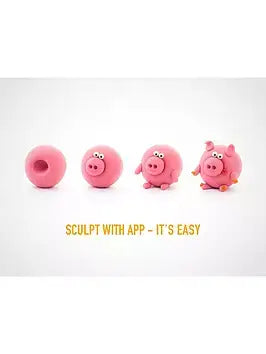 Step-by-step process of sculpting a pink clay pig from a ball to completion with text: sculpt with app - it's easy.