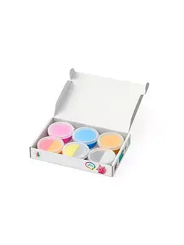 Six containers of colorful modeling clay in an open white box, featuring pink, blue, orange, yellow, and grey.