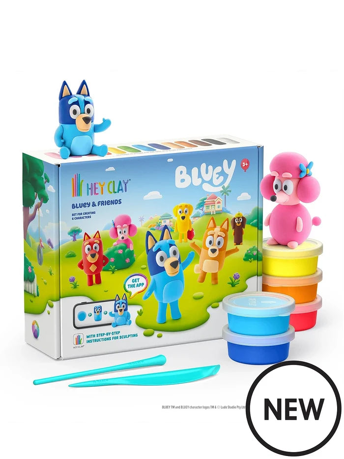 Bluey clay set box with stacked colorful cans, teal sculpting tools, and finished Bluey and pink poodle clay figures.