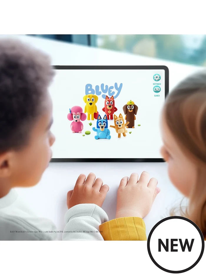 Two children look at a tablet screen showing colorful clay models of Bluey, Bingo, and friends.