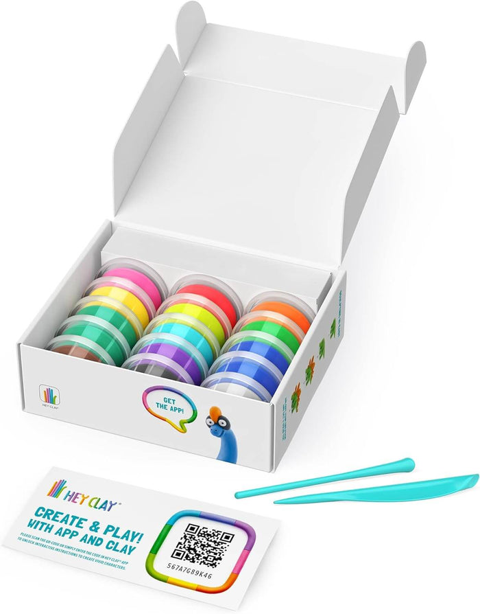 15 colorful clay cans in an open white box with two blue sculpting tools and a QR code card.