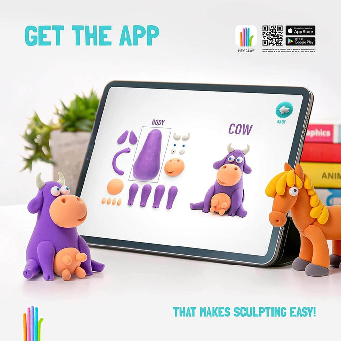 Tablet displaying clay sculpting steps next to a finished purple clay cow and an orange clay horse.