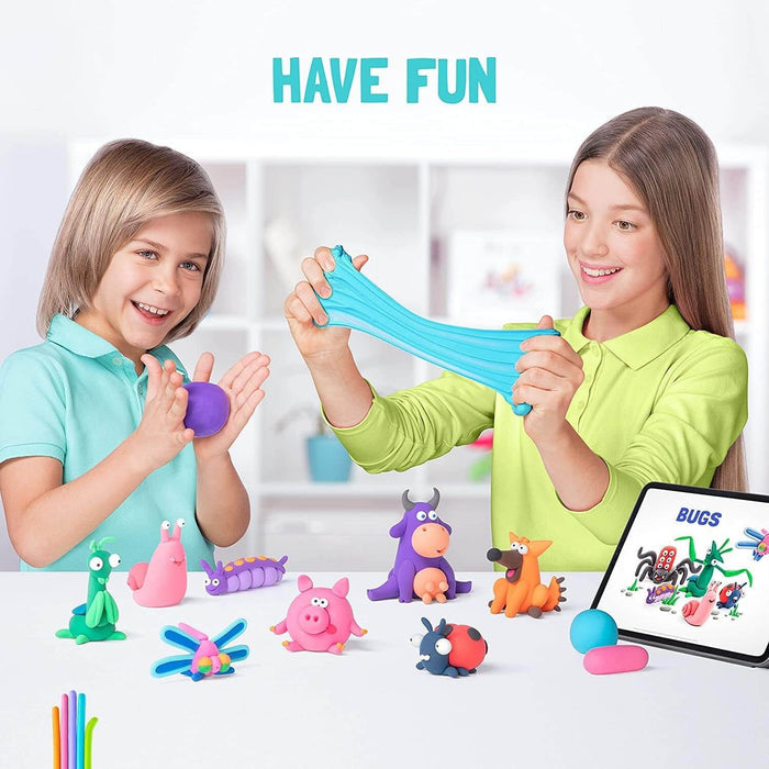 Two children smile while crafting colorful clay animal figures like a pink pig, purple cow, and blue dragonfly.