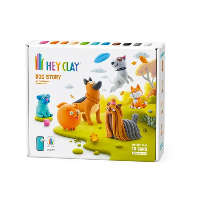 White box showing six colorful sculpted clay dogs in a grassy park, with 15 clay color icons and air-dry clay text.