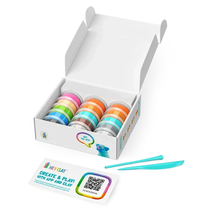Open white box with fifteen colorful clay cans, two turquoise sculpting tools, and a small card with a QR code.