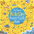 Yellow beach-themed puzzle book cover with cartoon crabs, sandcastles, and seagulls around a large blue title circle.