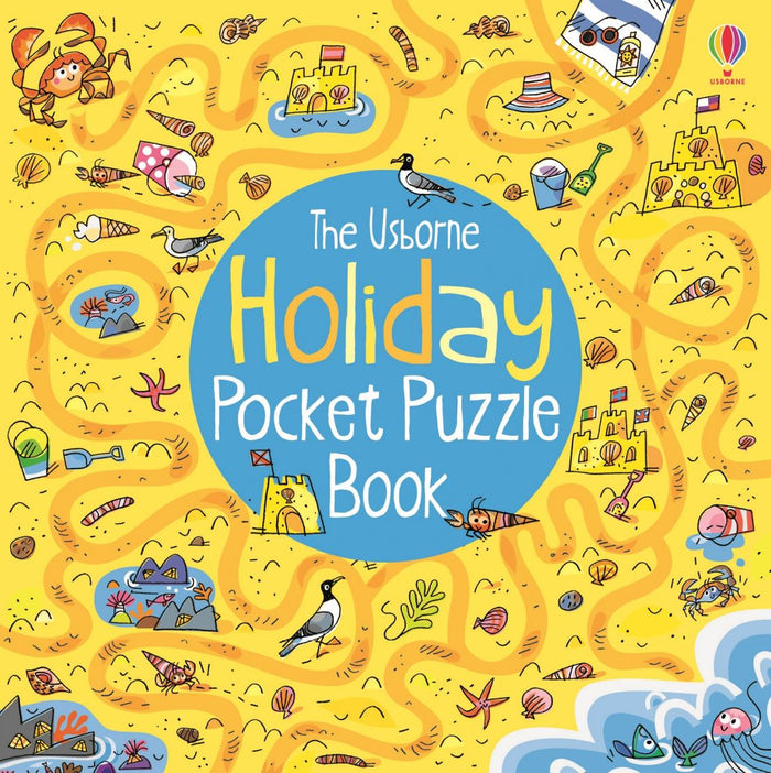 Yellow beach-themed puzzle book cover with cartoon crabs, sandcastles, and seagulls around a large blue title circle.