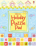 Blue cover featuring beach huts, fish drawings, and a grid of colorful squares with letters and seaside icons.