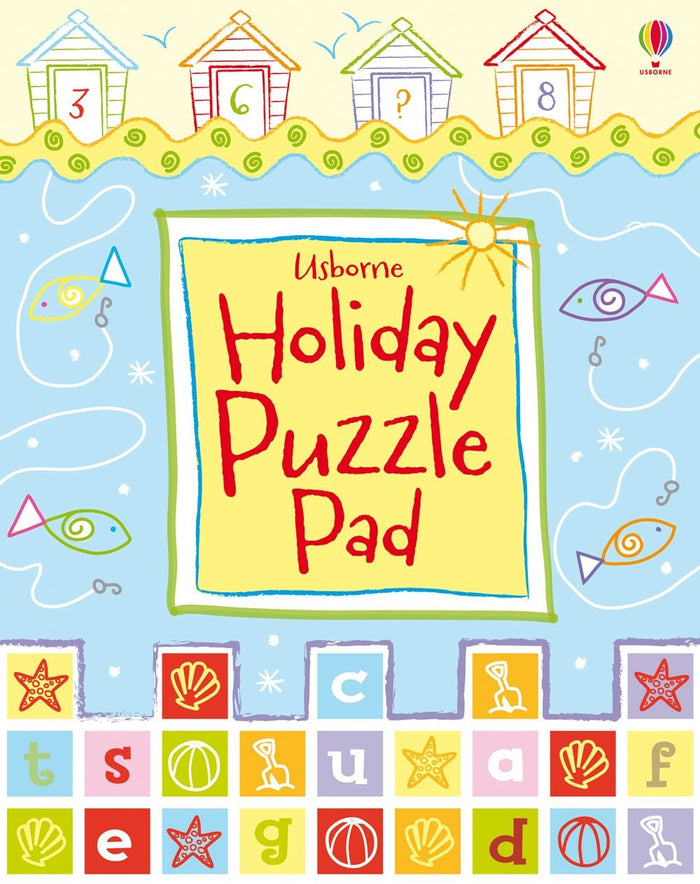 Blue cover featuring beach huts, fish drawings, and a grid of colorful squares with letters and seaside icons.