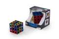Multi-colored 3x3 hollow puzzle cube with square lattice frames shown next to its retail packaging.