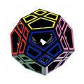 Hollow black dodecahedron puzzle with neon yellow, pink, blue, and red outlines on a white background.