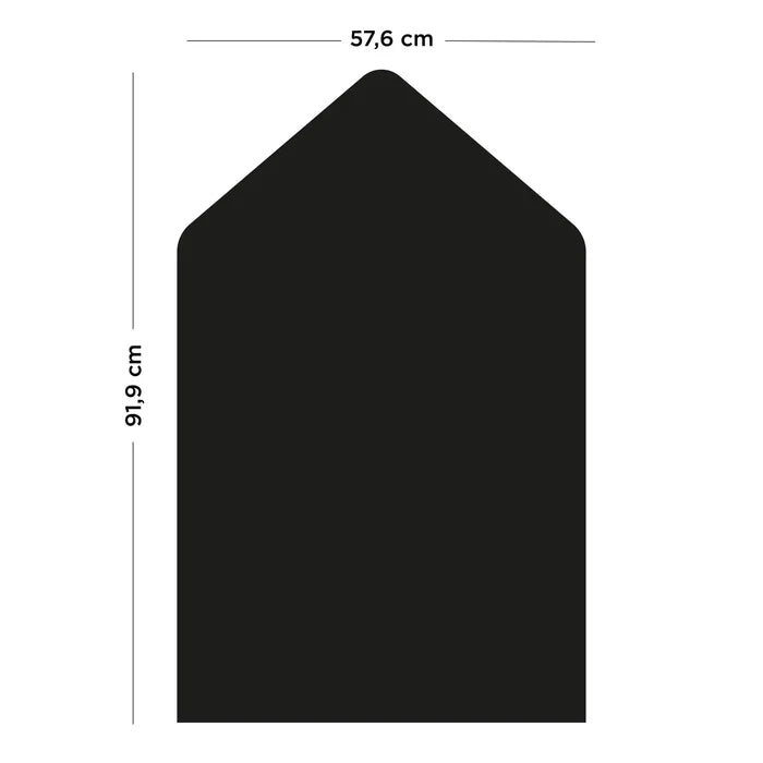 Black house-shaped magnetic board showing dimensions of 91.9 cm in height and 57.6 cm in width.