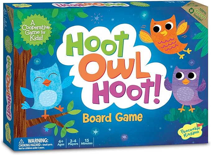 Hoot Owl Hoot! board game box featuring orange, purple, and blue owls against a starry blue sky and green trees.