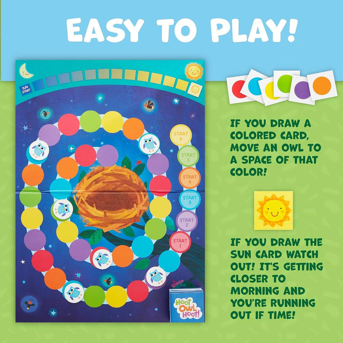 Blue board game with a spiral path of colorful circles, owl tokens, a nest, sun track, and instruction cards.