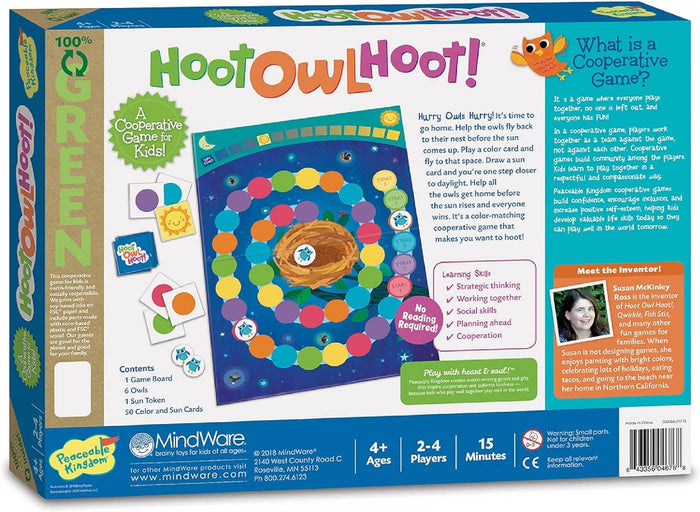 Green and blue game box back showing a circular board with colored spaces, owl tokens, cards, and game information.