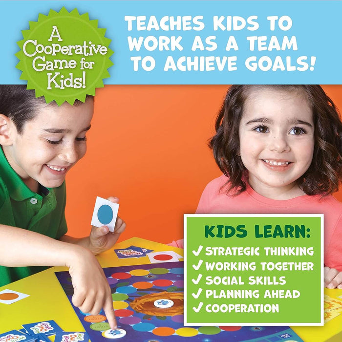 Two kids play an owl-themed game on a colorful board. Text highlights teamwork, social skills, and strategic thinking.
