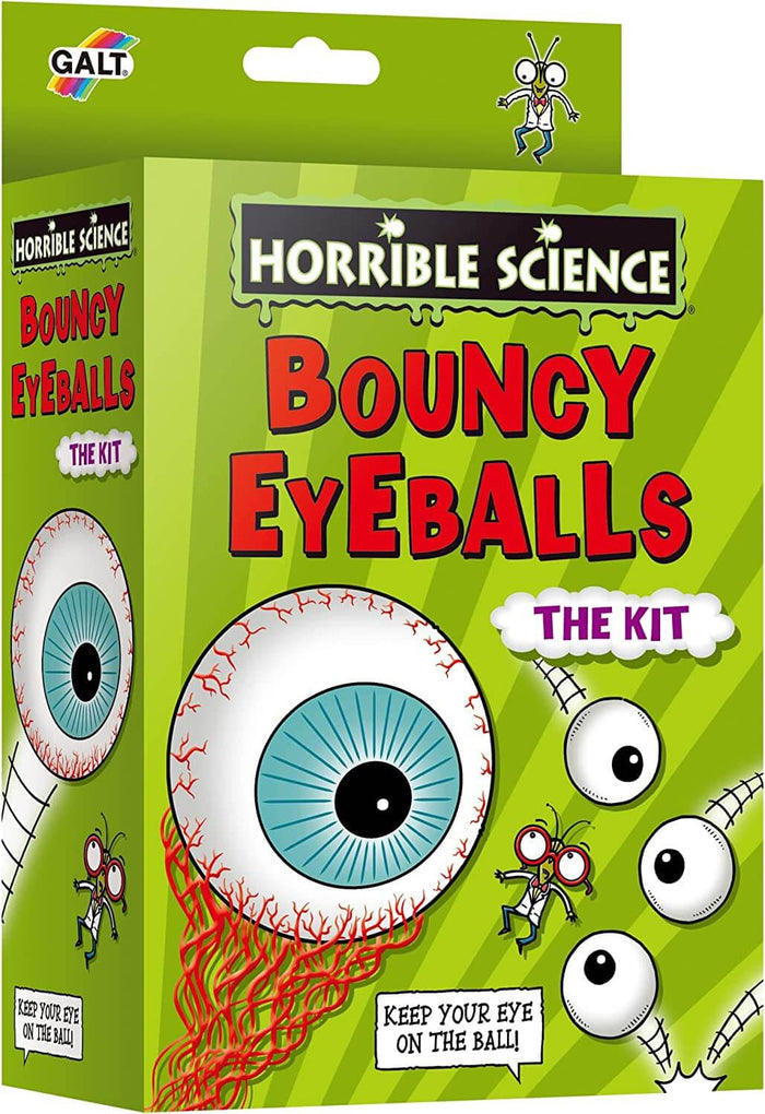 Green box for Bouncy Eyeballs kit featuring cartoon bloodshot eyes with blue irises and a small scientist character.