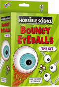 Green box for Bouncy Eyeballs kit featuring cartoon bloodshot eyes with blue irises and a small scientist character.