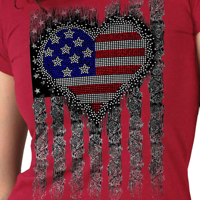 Hot Leathers GLC1558 Ladies Antique Cherry Heart Bling Flag T-Shirt
