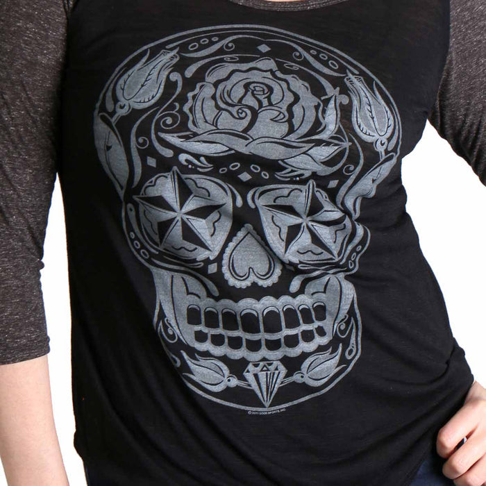 Hot Leathers GLC3352 Sugar Skull Black and Heather Grey 3/4 Sleeve Ladies Shirt