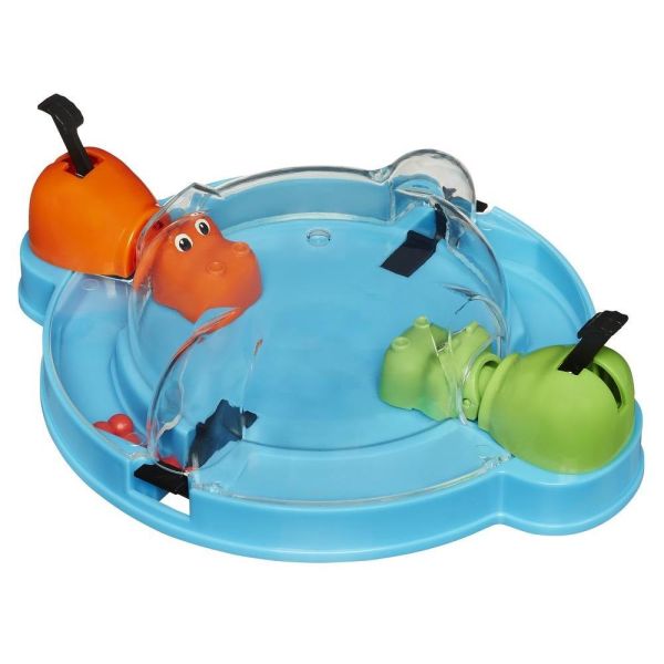 Circular blue travel game featuring orange and green hippos under a clear plastic dome with small red marbles.
