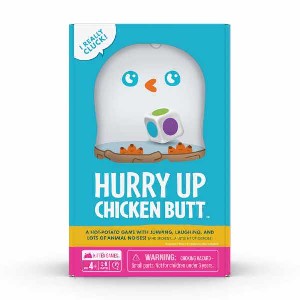 Teal box for Hurry Up Chicken Butt game with a white dome chicken, colorful die, and pink and yellow bottom.