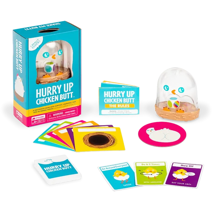 Teal game box featuring a clear plastic chicken dome, colorful cards, and rules on a white background.