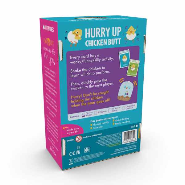 Rectangular teal and pink game box featuring cartoon chicks, activity cards, and a blue dome-shaped shaker toy.