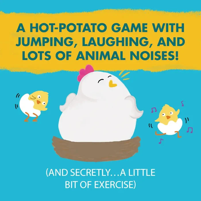 Cartoon white chicken and yellow chicks on a blue background with text about a hot-potato game with animal noises.