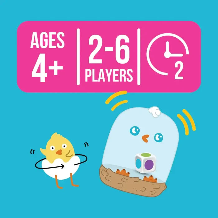 Pink banner shows AGES 4+, 2-6 PLAYERS, and a clock. Below, a spinning yellow chick and dome die shaker on blue.