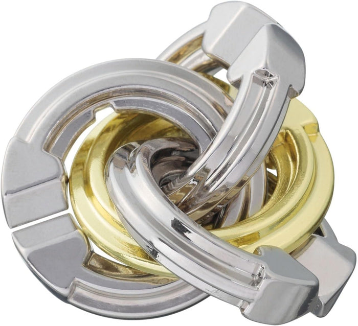 Three interlocking silver and gold metal puzzle rings with deep grooves, forming a complex, spiraling circular knot.