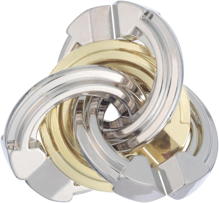 Polished gold and silver interlocking metal rings forming a complex, three-pointed knotted puzzle design.