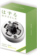Silver cast metal hexagonal puzzle in green Huzzle packaging showing a level 3 difficulty rating.