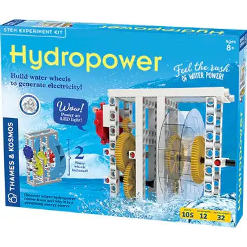 Blue toy box showing a white mechanical water wheel with yellow gears splashing in blue water for a STEM kit.